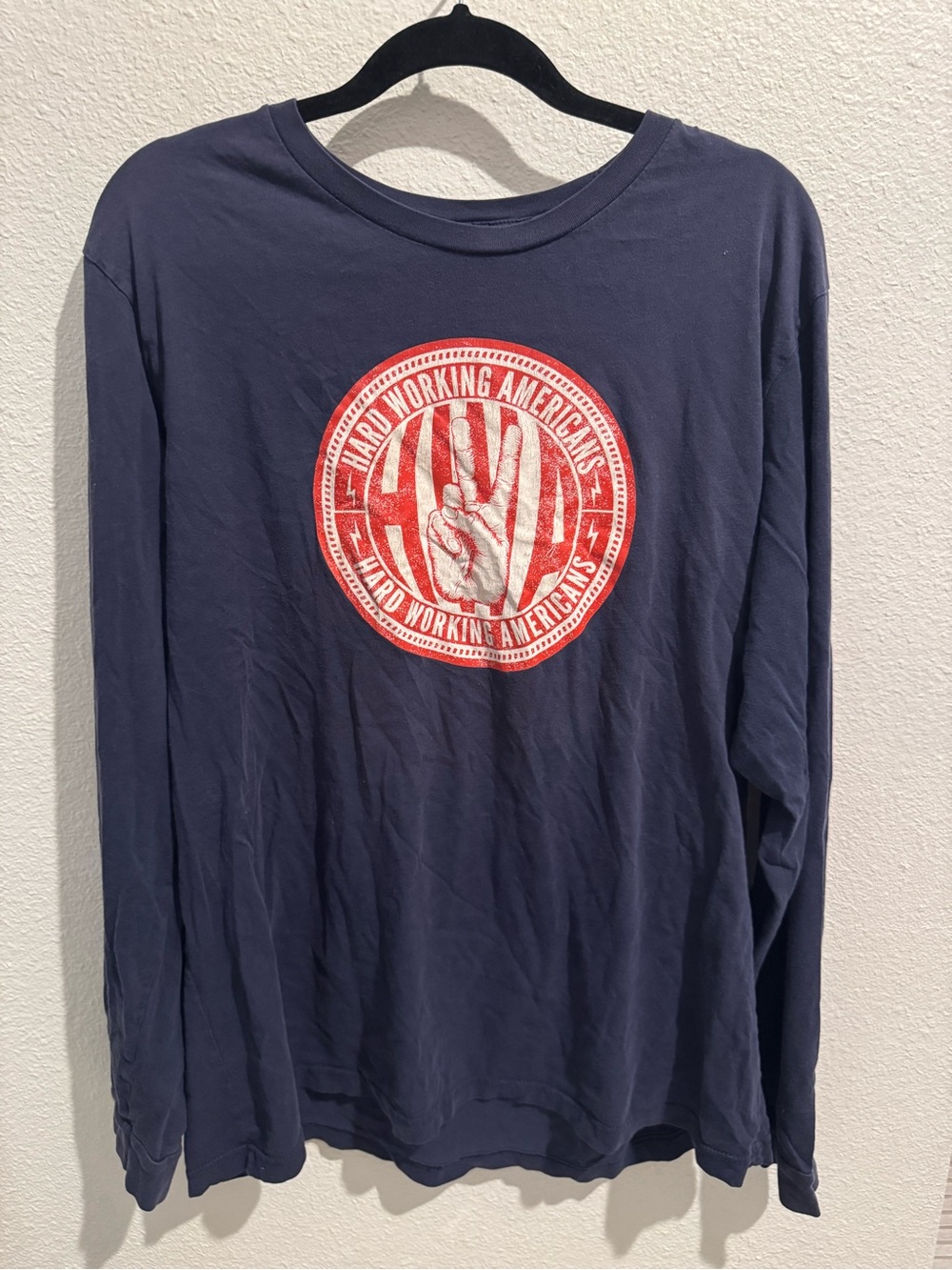 Navy Long Sleeve Tee with Red Graphic - "Hard Working Americans"